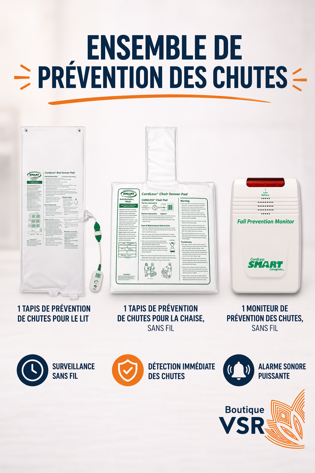 Ensemble de prévention des chutes - Smart Caregiver - 3 morceaux (piles incluses)