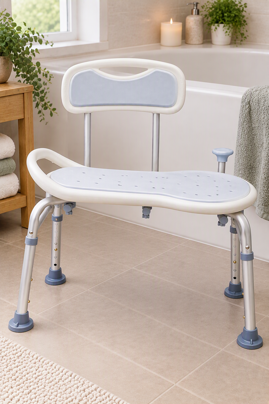 Banc de transfert pour douche ou bain avec dossier rembourré